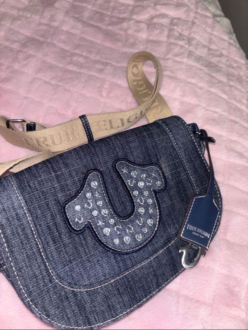 True Religion Dark Blue Denim Crossbody with Studded Horseshoe